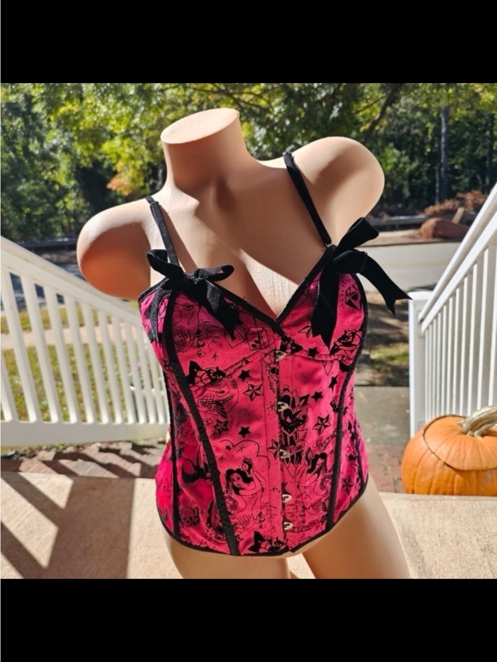 Pink Floral-Print Corset Top with Black Trim